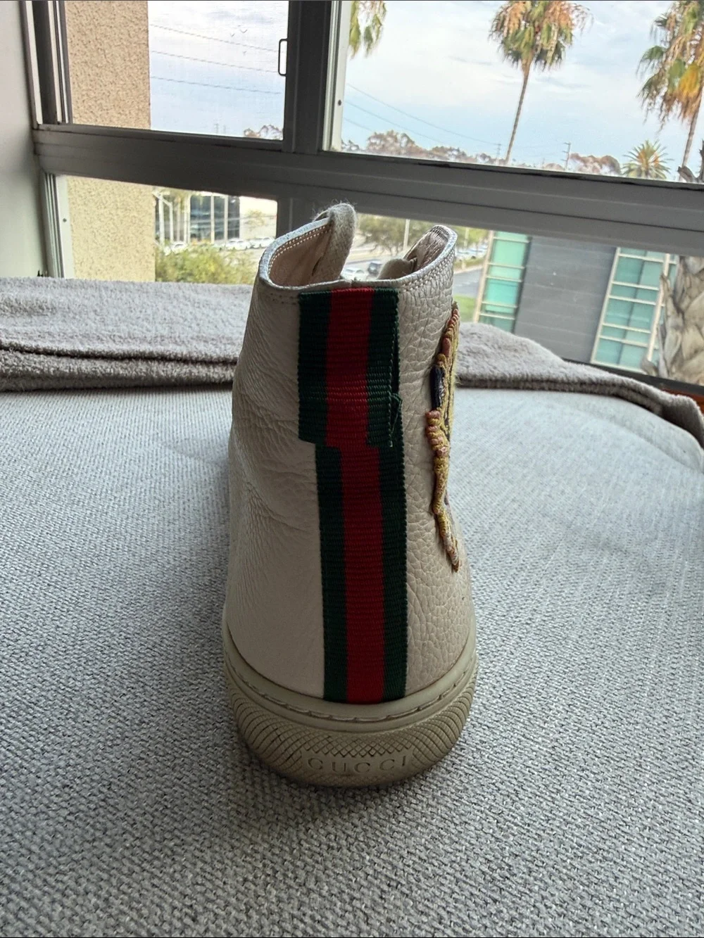 Gucci High-Top Leather Sneakers in Off-White with Tiger Embroidery